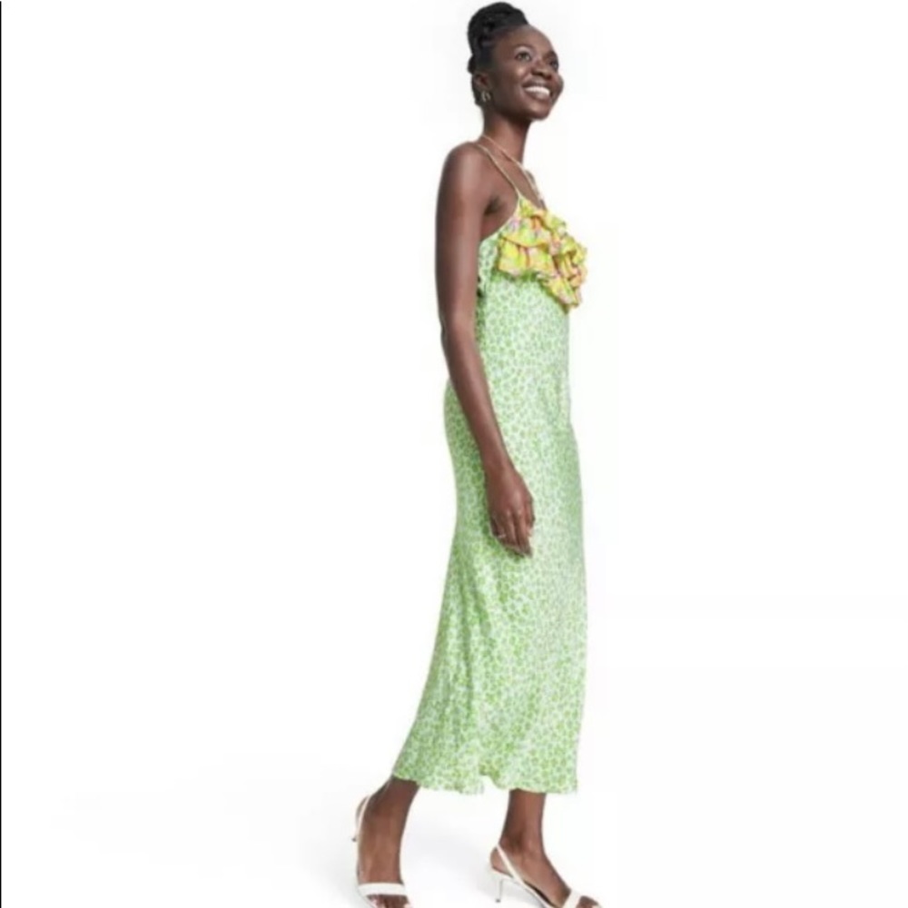 Rixo For Target Slip Dress XXS Sleeveless Ruffle Leopard Print Green White NWT - Picture 4 of 4